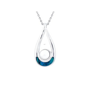 Byzantium Collection, Paua Shell Teardrop with Central Pearl Necklace, Rhodium Plated - Gift Boxed