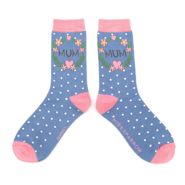 Miss Sparrow Mum Floral Wreath Socks Blue