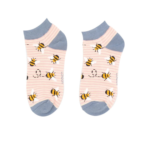 Miss Sparrow Bees Stripes Trainer Socks Dusky Pink & Cream