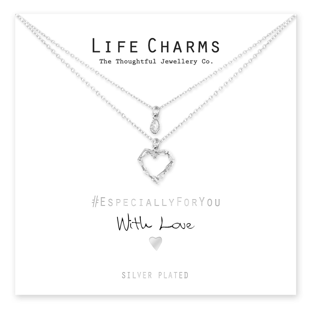 WITH LOVE, EFY 2 LAYER CZ SILVER HEART + TEARDROP NECKLACE