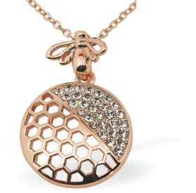 Warm Rose Gold Coloured Honeycombe Necklace, Crystal Encrusted with Bee by Byzantium. No revie