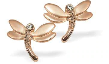Warm Rose Gold Coloured Dragonfly Stud Earrings with Crystal Embellishment by Byzantium.