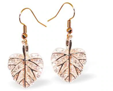 Warm Rose Gold Coloured Leaf Drop Earrings by Byzantium.