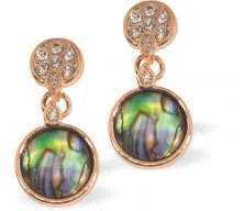 Bright Warm Rose Gold Coloured Paua Shell Encrusted Crystallized Oval Drop Earrings by Byzantium.