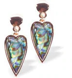 Bright Warm Rose Gold Paua Coloured Shell Encrusted Heart Doubledrop Drop Earrings by Byzantium.
