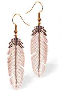 Warm Rose Gold Coloured Feather Drop Earrings by Byzantium.