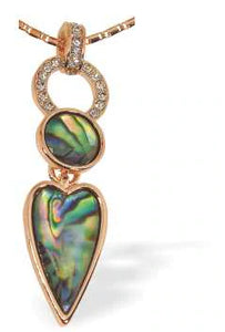 Bright Warm Rose Gold Coloured Paua Shell Embellished Heart Doubledrop Necklace by Byzantium. Crystal Encrusted