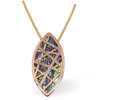 Bright Warm Rose Gold Paua Shell Embellished Crystallized Oval Necklace by Byzantium.