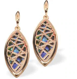 Bright Warm Rose Gold Coloured Paua Shell Embellished Circular Drop Earrings by Byzantium. Crystal Encrusted