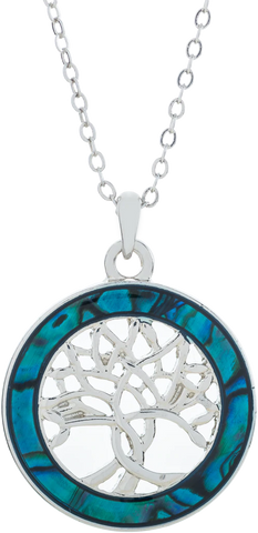 Paua Shell Encased Tree of Life Round Necklace, Rhodium Plated